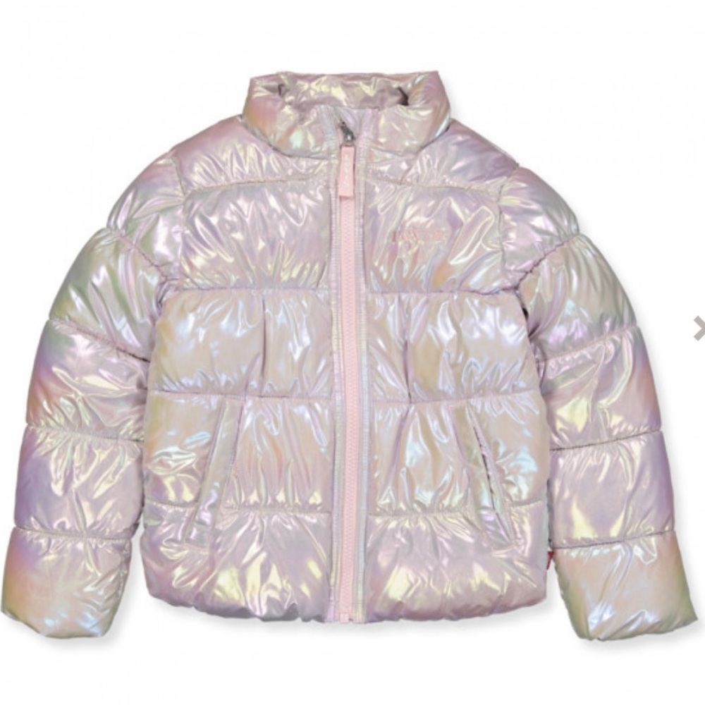 Levi's Girls Shiny Boxy Puffer Jacket Misty Lilac Pink M 10/12 Iridescent Coat